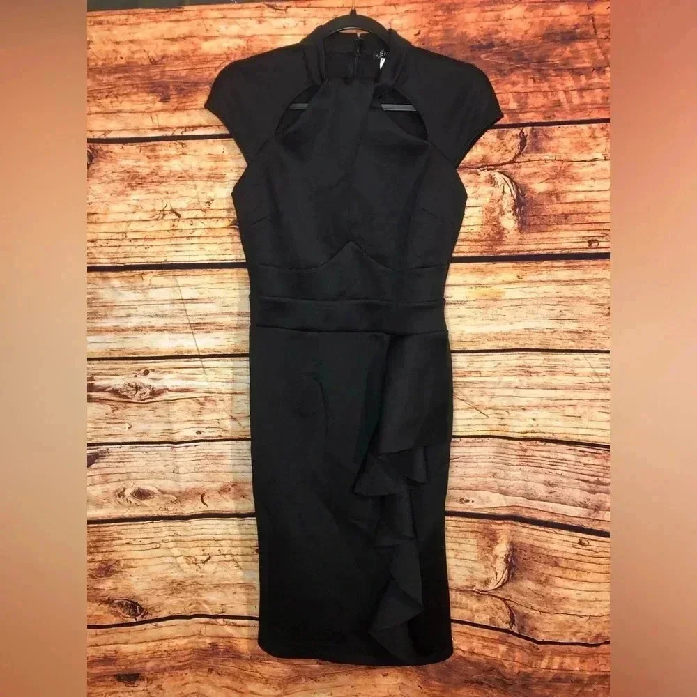 Black Ruffle Cocktail Dress with wrap neck - Picture 4 of 16